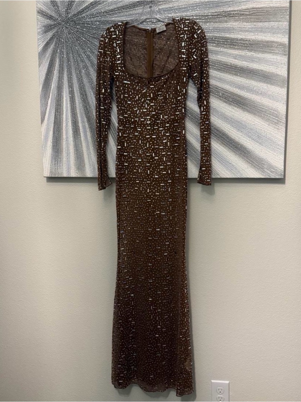 Oh Polly Brown Long Sleeve Sequin Maxi Dress